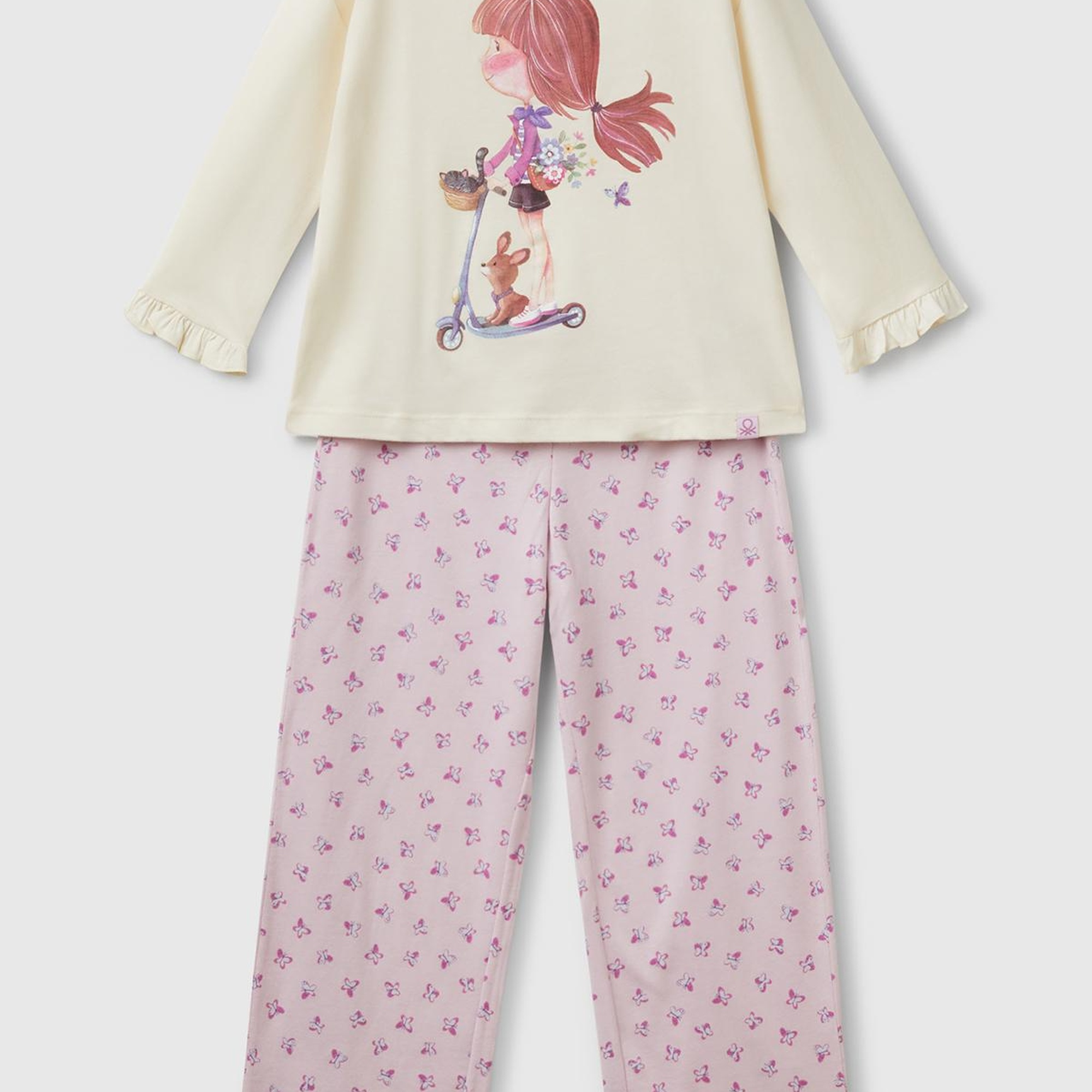 Kız Çocuk Pembe Baskılı Kolları Fırfırlı Üst ve Desenli Alt Pijama Takımı