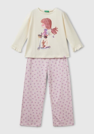  Kız Çocuk Pembe Baskılı Kolları Fırfırlı Üst ve Desenli Alt Pijama Takımı