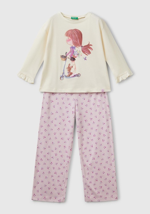  Kız Çocuk Pembe Baskılı Kolları Fırfırlı Üst ve Desenli Alt Pijama Takımı
