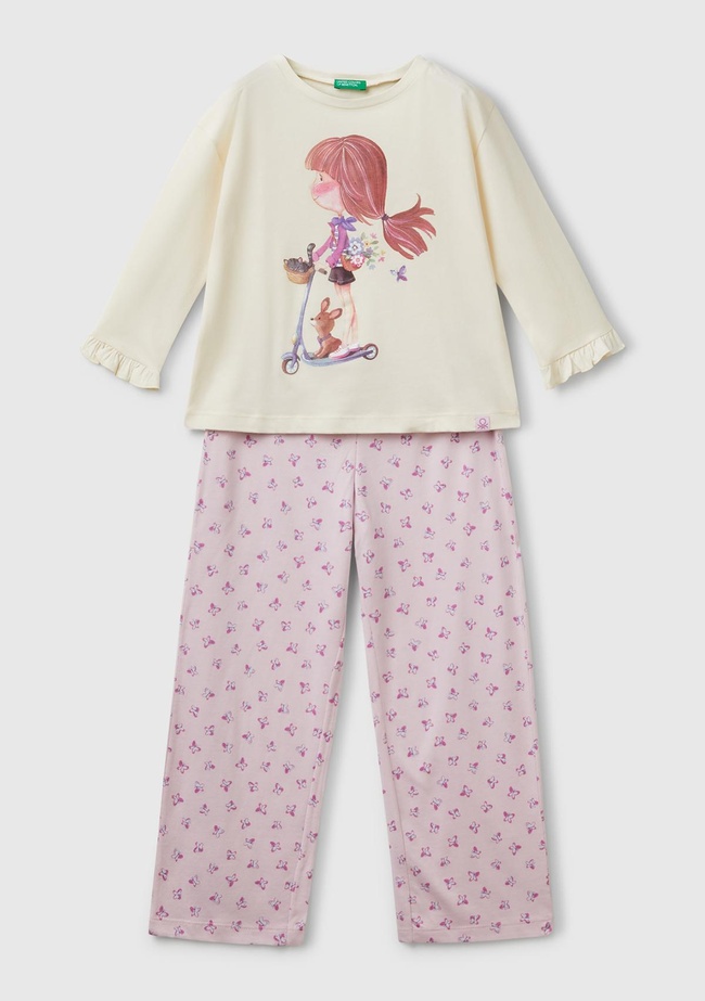  Kız Çocuk Pembe Baskılı Kolları Fırfırlı Üst ve Desenli Alt Pijama Takımı