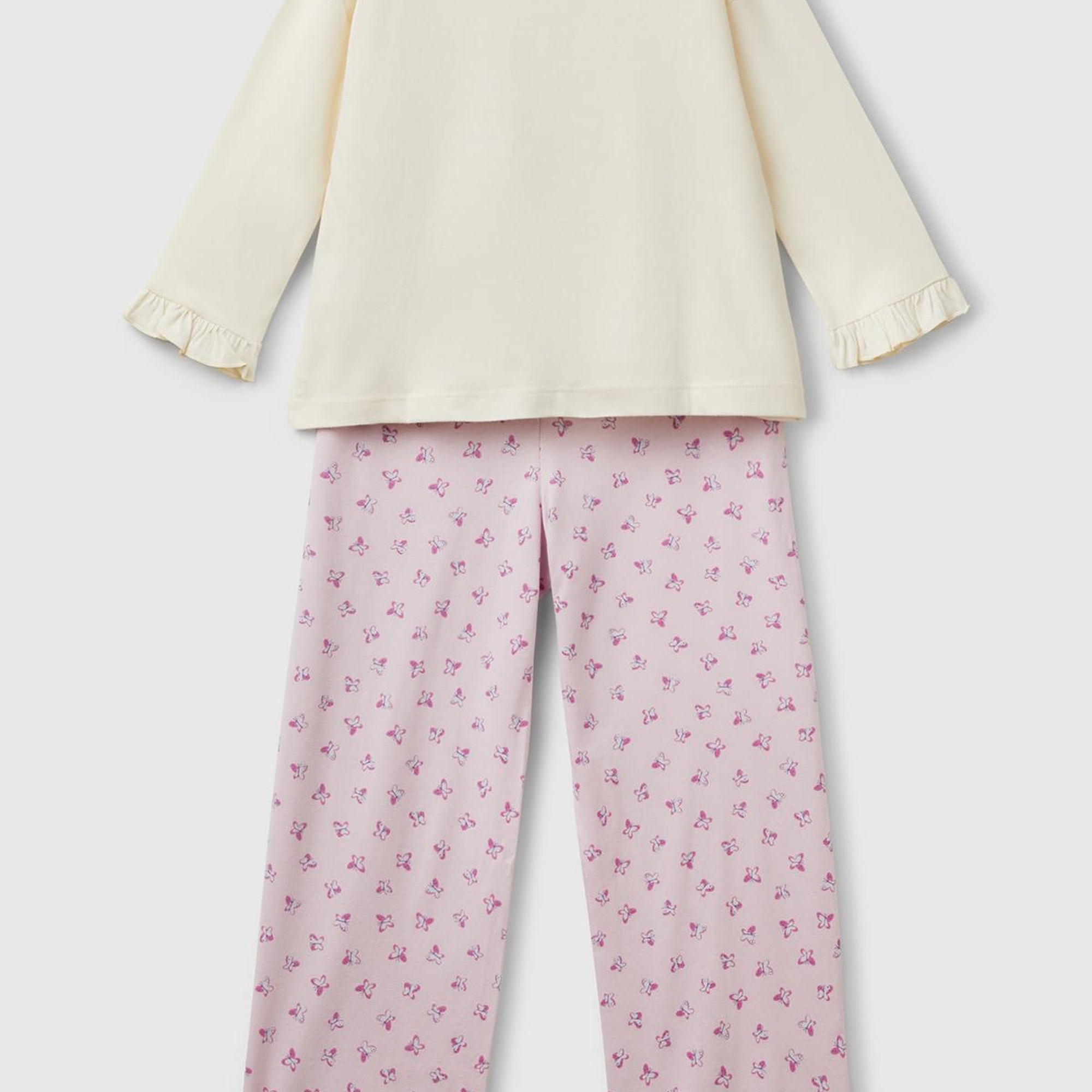 Kız Çocuk Pembe Baskılı Kolları Fırfırlı Üst ve Desenli Alt Pijama Takımı