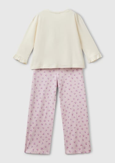  Kız Çocuk Pembe Baskılı Kolları Fırfırlı Üst ve Desenli Alt Pijama Takımı