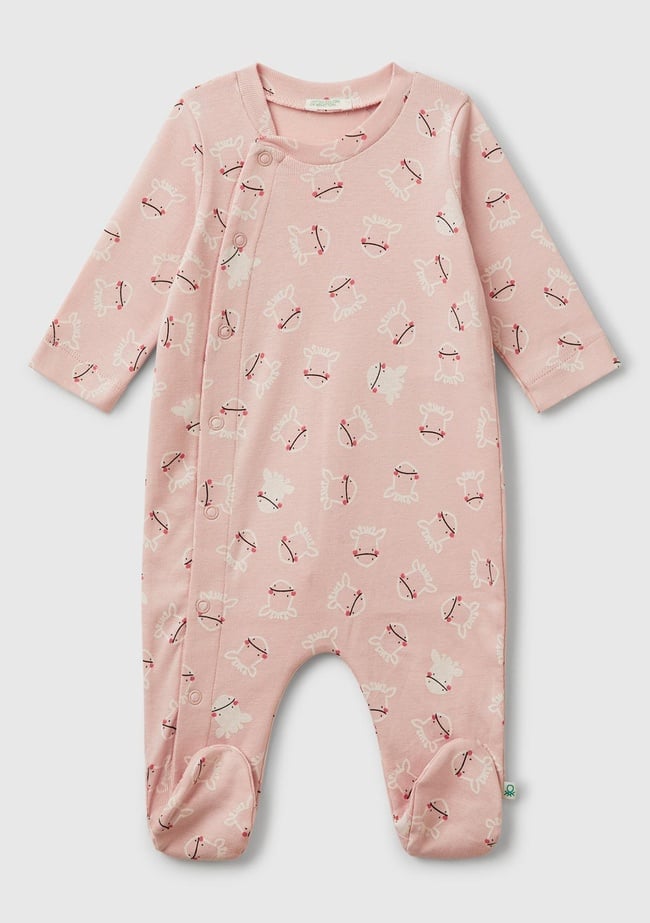  Bebek Toz Pembe Desenli Çıtçıtlı Uzun Kollu Tulum