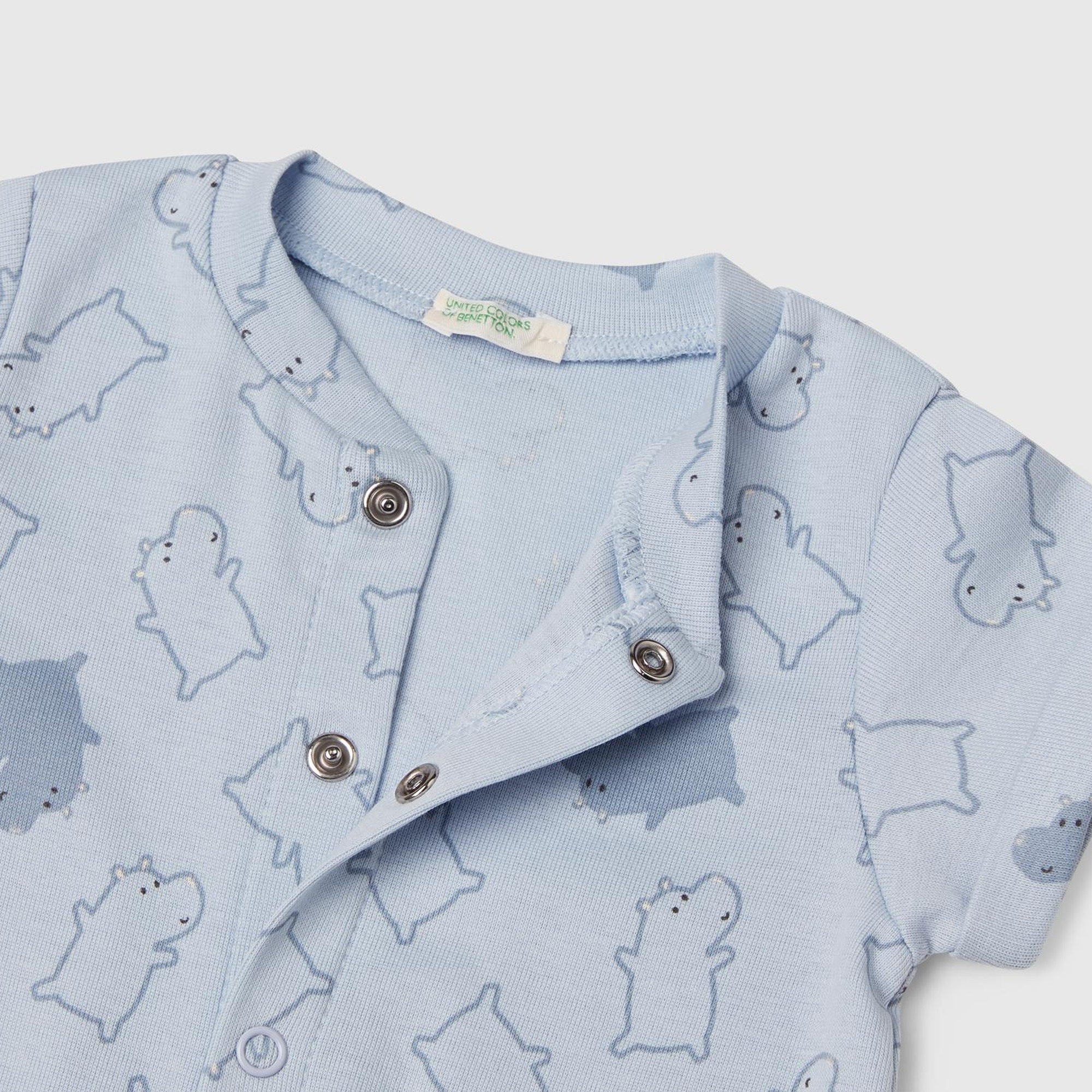 Bebek Toz Mavi Desenli Önü Çıtçıtlı Kısa Kollu Tulum