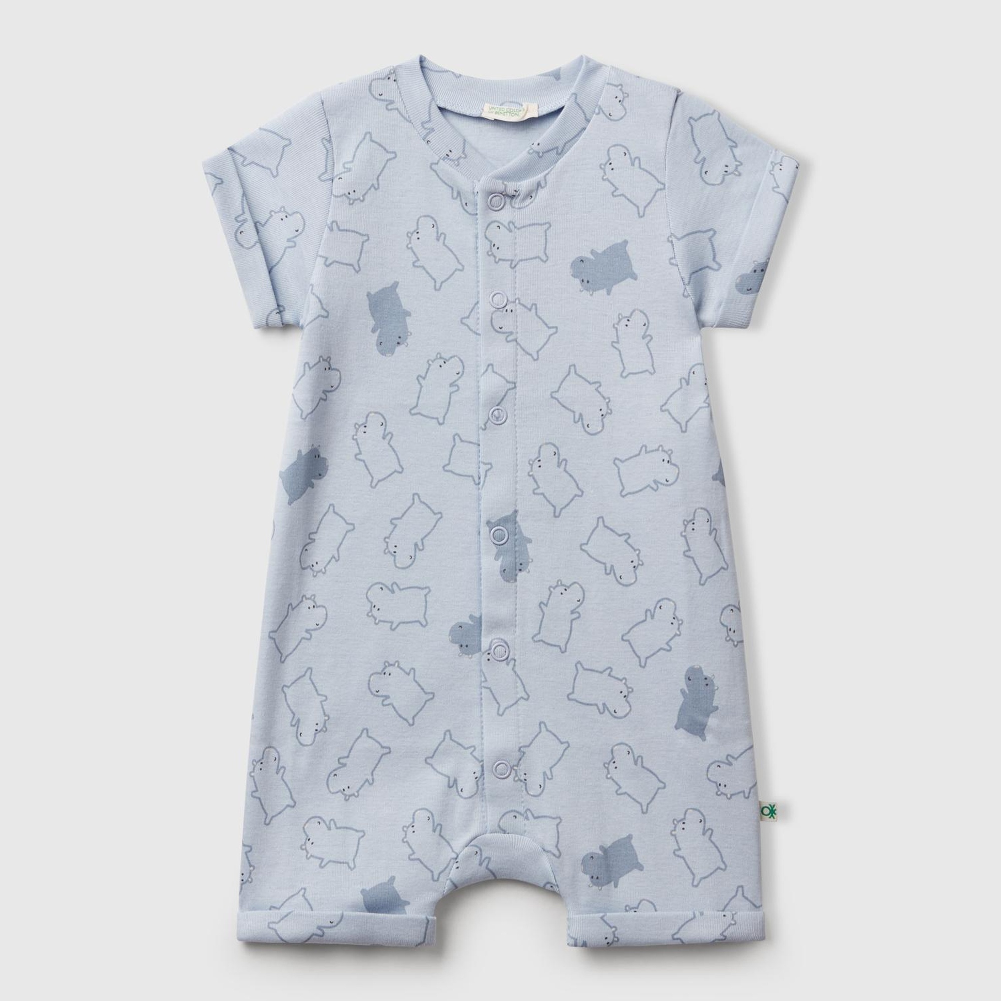 Bebek Toz Mavi Desenli Önü Çıtçıtlı Kısa Kollu Tulum