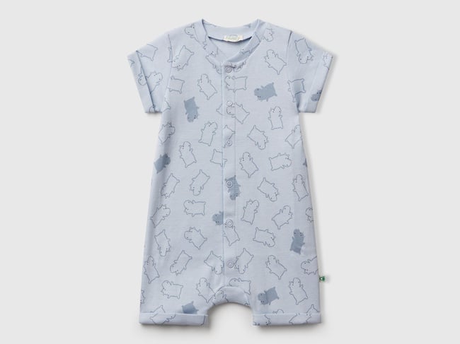  Bebek Toz Mavi Desenli Önü Çıtçıtlı Kısa Kollu Tulum