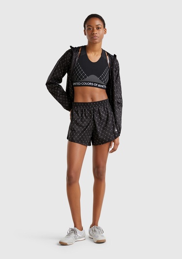  Kadın Siyah Desenli Beli Lastikli Wide Leg Şort