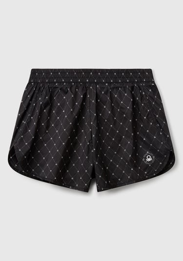  Kadın Siyah Desenli Beli Lastikli Wide Leg Şort