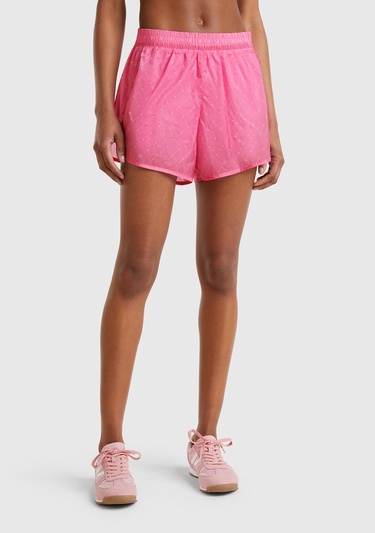  Kadın Pembe Desenli Beli Lastikli Wide Leg Şort