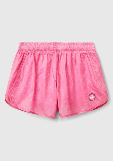  Kadın Pembe Desenli Beli Lastikli Wide Leg Şort