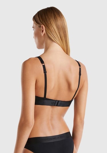  Kadın Siyah Pamuk Karışımlı Logo Bantlı V Yaka Sütyen