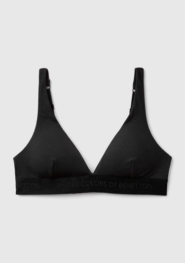  Kadın Siyah Pamuk Karışımlı Logo Bantlı V Yaka Sütyen