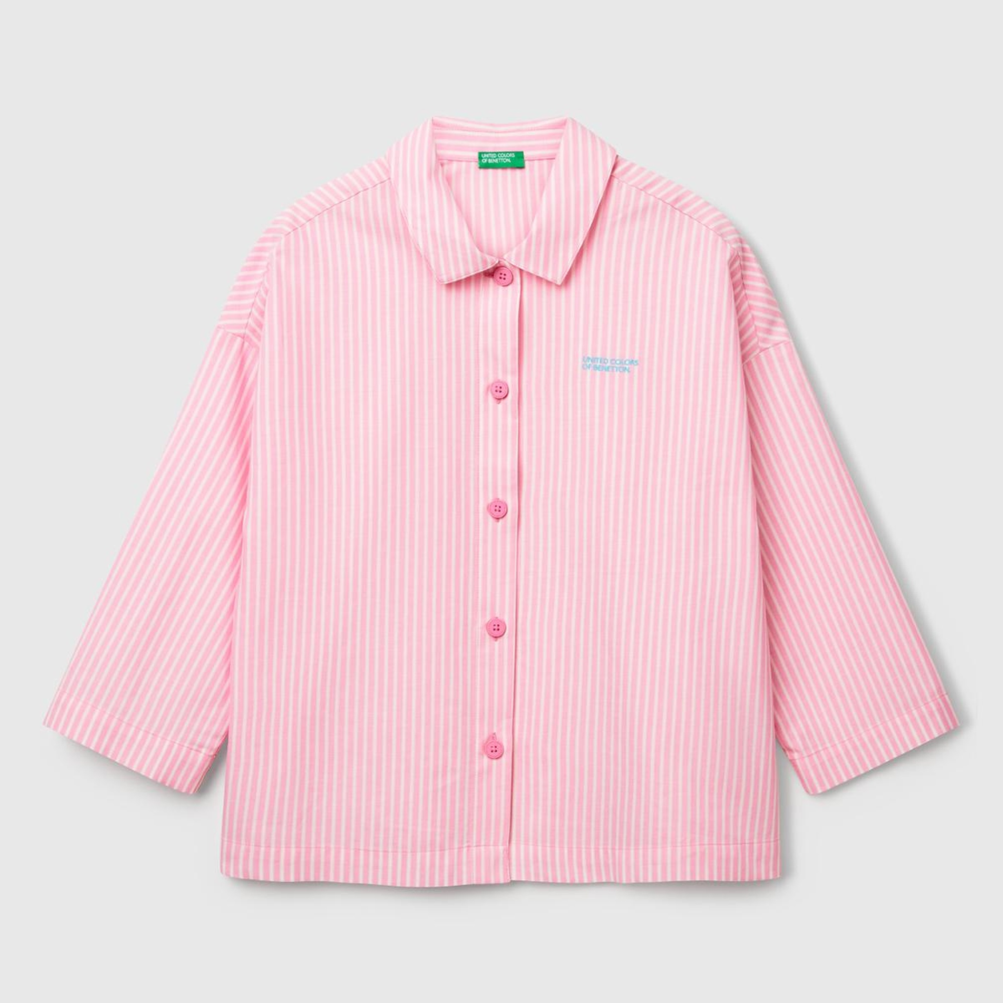 Kadın Pembe %100 Pamuk Desenli Logolu Önü Düğmeli Kısa Kollu Pijama Üstü