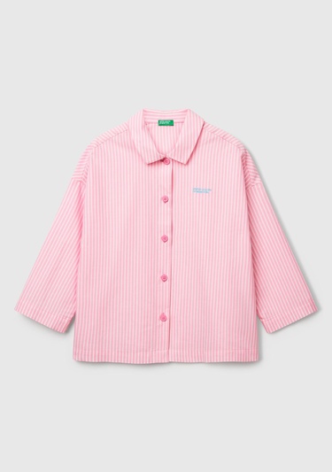  Kadın Pembe %100 Pamuk Desenli Logolu Önü Düğmeli Kısa Kollu Pijama Üstü