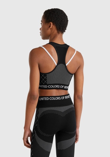  Kadın Siyah Desenli Beli Logo Bantlı Askı Detaylı Crop Atlet