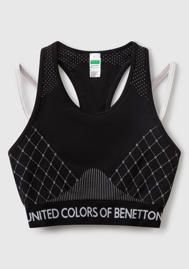  Kadın Siyah Desenli Beli Logo Bantlı Askı Detaylı Crop Atlet