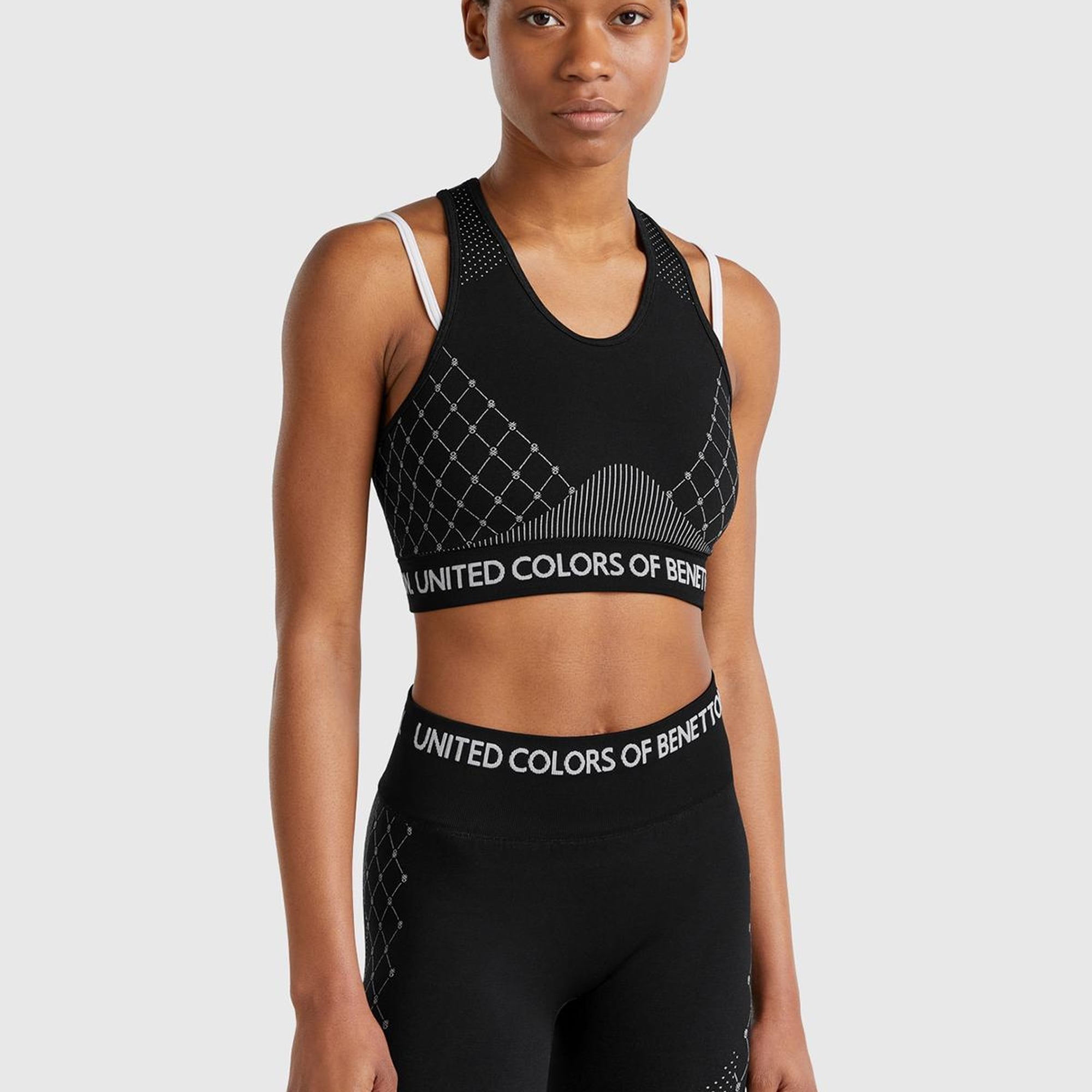 Kadın Siyah Desenli Beli Logo Bantlı Askı Detaylı Crop Atlet