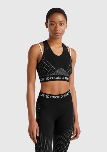  Kadın Siyah Desenli Beli Logo Bantlı Askı Detaylı Crop Atlet