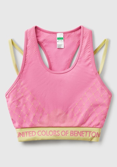  Kadın Pembe Desenli Beli Logo Bantlı Askı Detaylı Crop Atlet