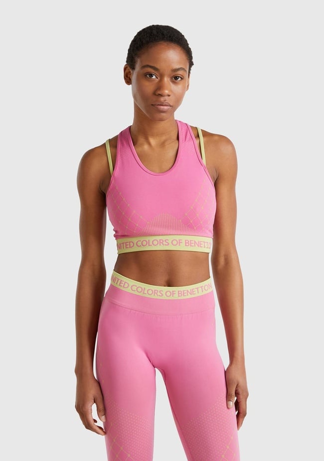  Kadın Pembe Desenli Beli Logo Bantlı Askı Detaylı Crop Atlet