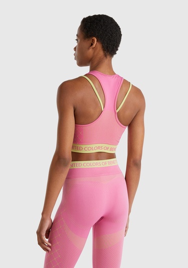  Kadın Pembe Desenli Beli Logo Bantlı Askı Detaylı Crop Atlet