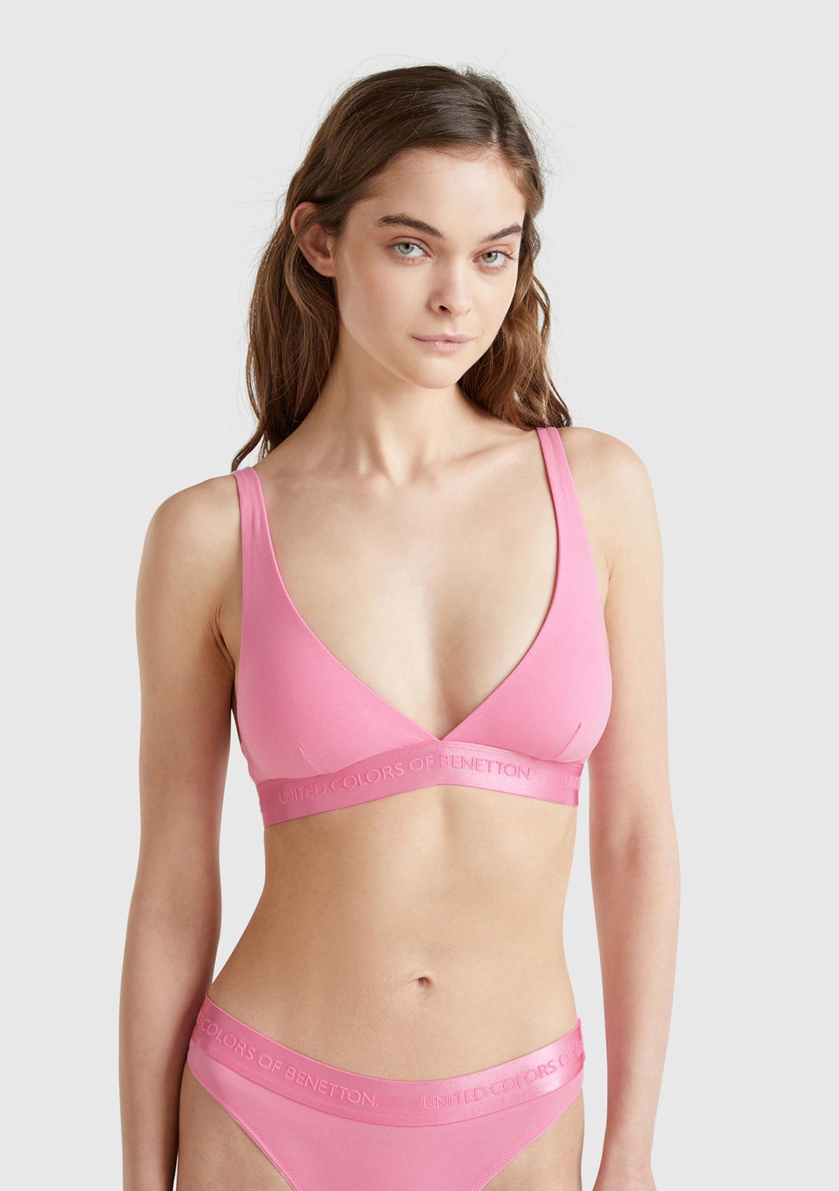  Kadın Pembe Pamuk Karışımlı Logo Bantlı V Yaka Sütyen