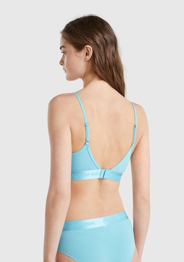  Kadın Mavi Pamuk Karışımlı Logo Bantlı Ayarlanabilir Askılı Bikini Üstü