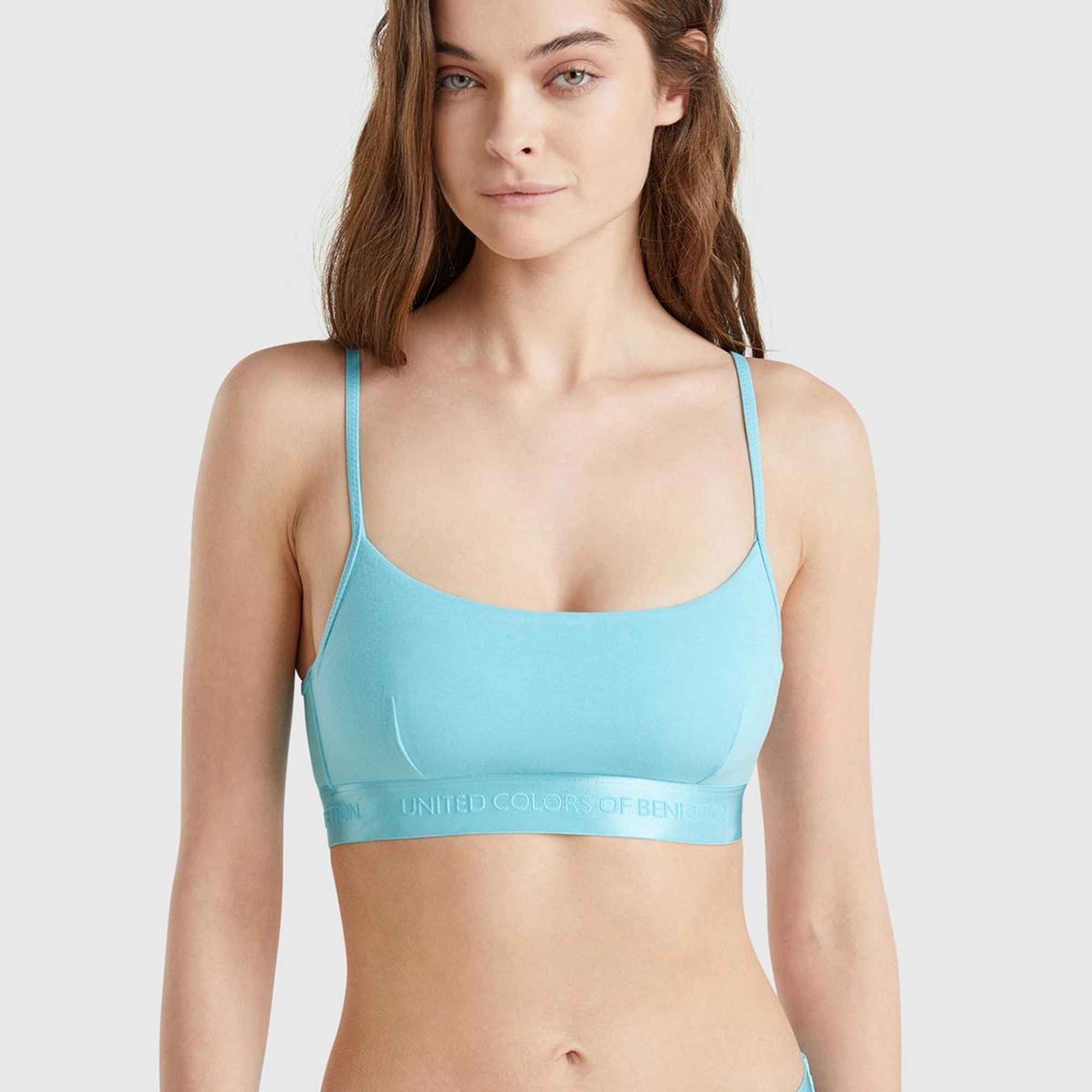 Kadın Mavi Pamuk Karışımlı Logo Bantlı Ayarlanabilir Askılı Bikini Üstü