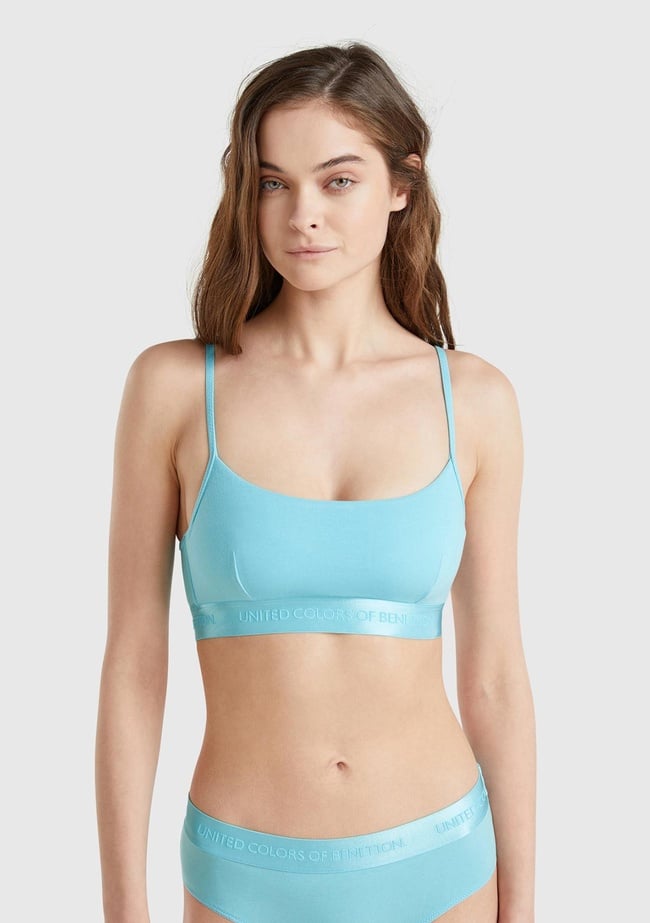  Kadın Mavi Pamuk Karışımlı Logo Bantlı Ayarlanabilir Askılı Bikini Üstü