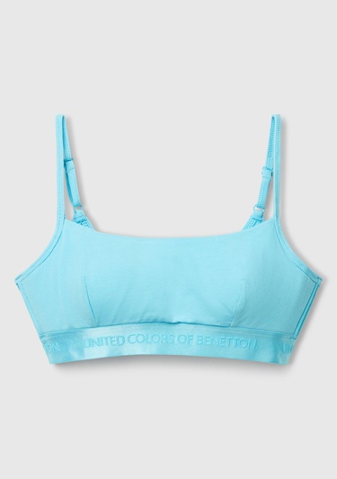 Kadın Mavi Pamuk Karışımlı Logo Bantlı Ayarlanabilir Askılı Bikini Üstü