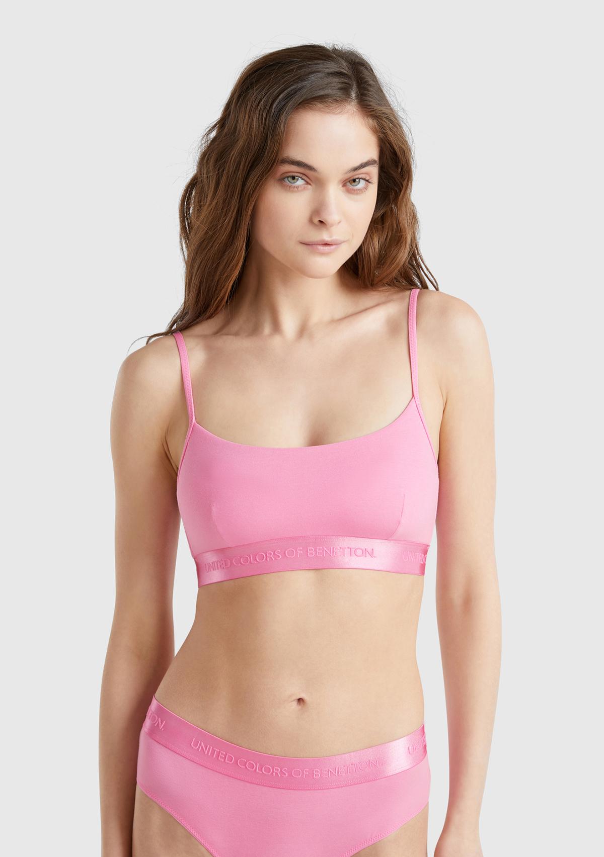  Kadın Pembe Pamuk Karışımlı Logo Bantlı Ayarlanabilir Askılı Bikini Üstü