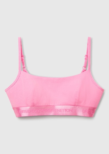  Kadın Pembe Pamuk Karışımlı Logo Bantlı Ayarlanabilir Askılı Bikini Üstü