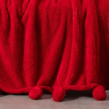  PONPONLU DİZ ÜSTÜ BATTANİYE KIRMIZI 130X160