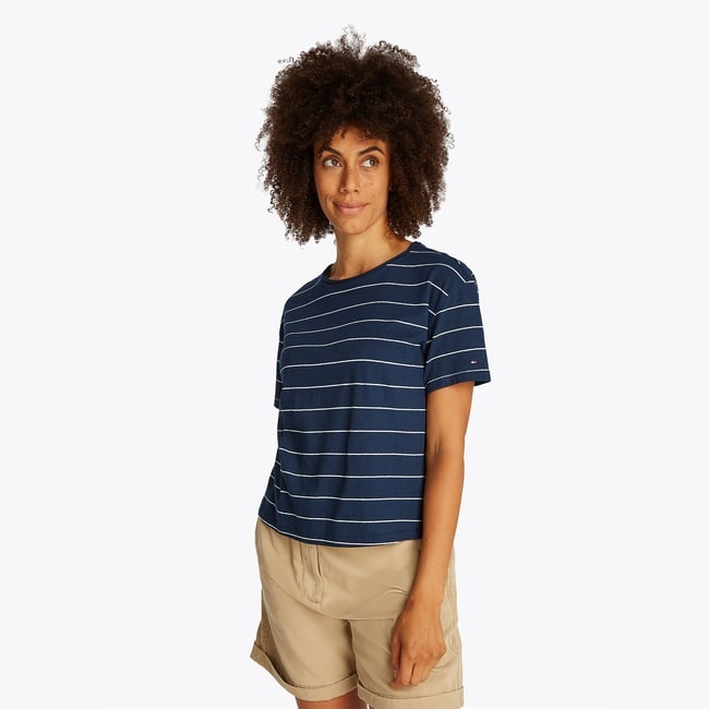  Tommy Hilfiger Modern Co Linen C-Nk Kadın Mavi T-Shirt