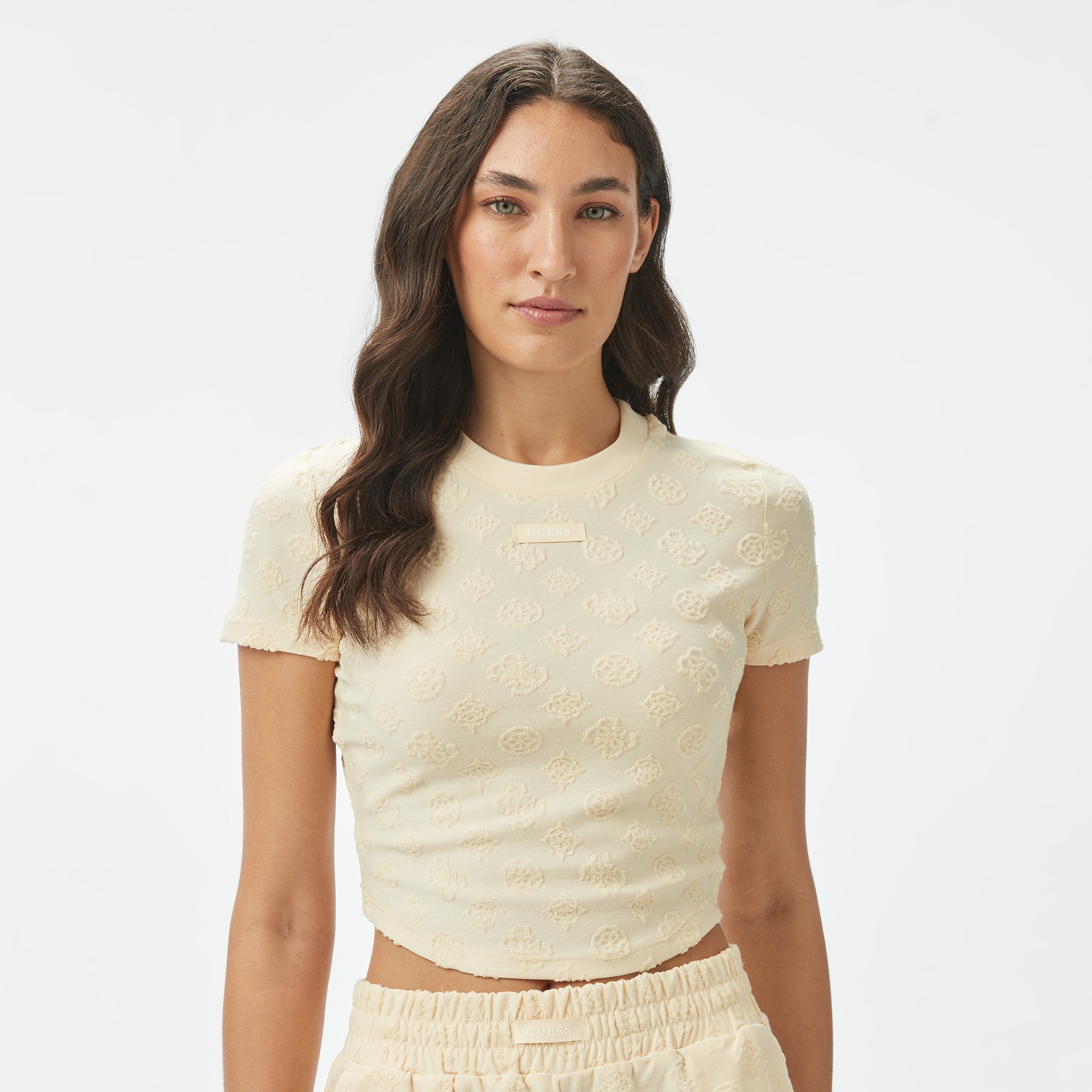 Guess Peony Jacquard Knit Recy Poly-Cotton Jacq Sponge Kadın Renkli T-Shirt