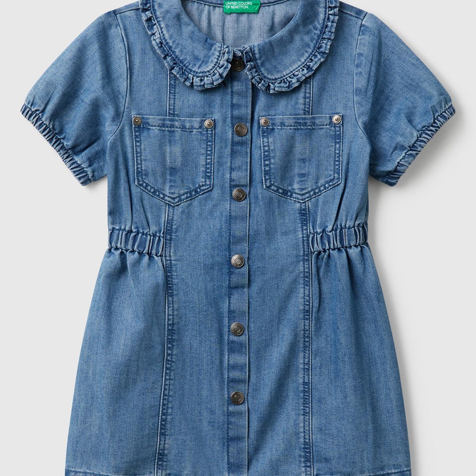 Kız Çocuk Denim Önü Çıtçıt Düğmeli Yama Cepli Kısa Kollu Denim Elbise