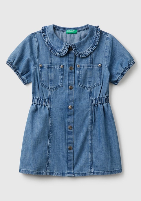  Kız Çocuk Denim Önü Çıtçıt Düğmeli Yama Cepli Kısa Kollu Denim Elbise