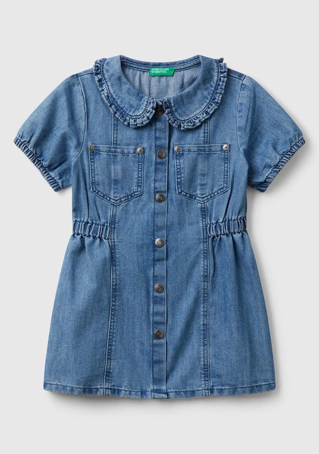  Kız Çocuk Denim Önü Çıtçıt Düğmeli Yama Cepli Kısa Kollu Denim Elbise