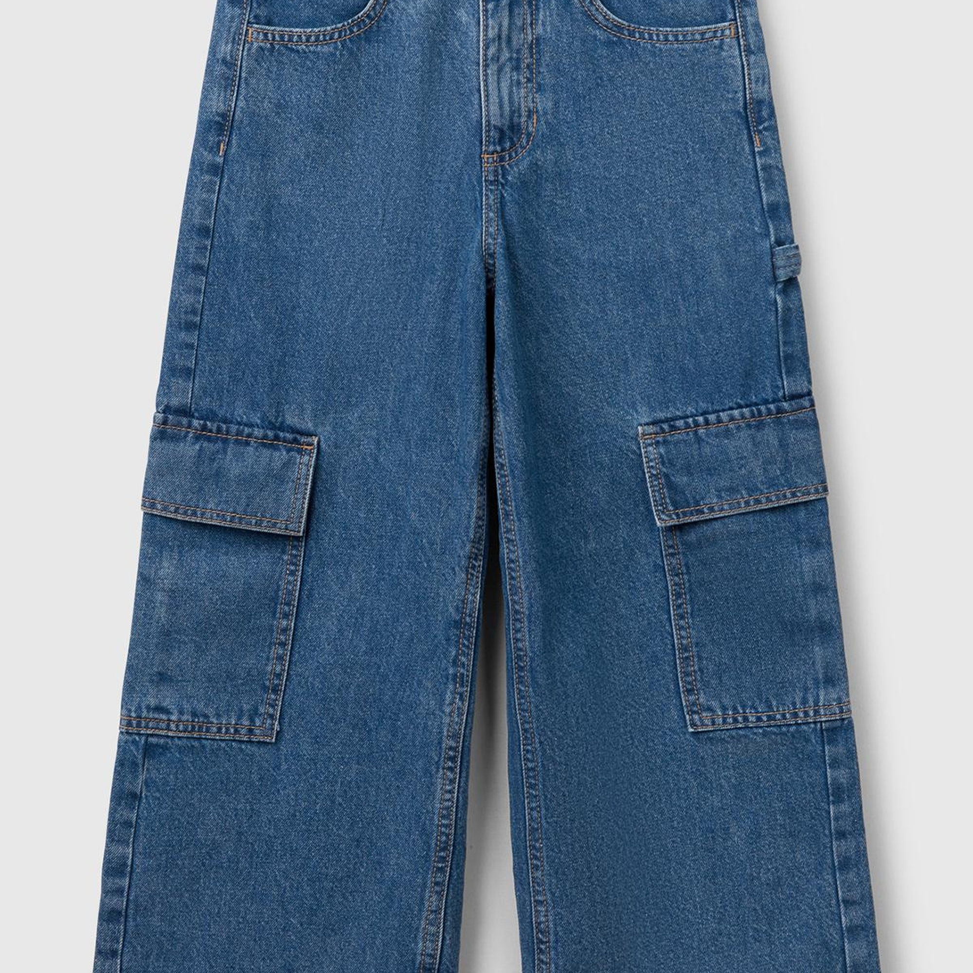 Kız Çocuk Denim Taş Yıkama Wide Fit Kargo Denim Pantolon