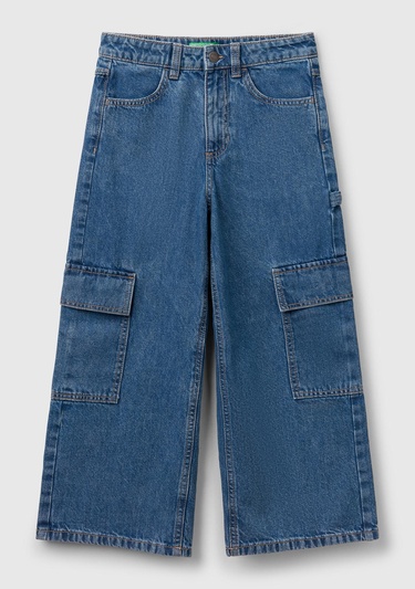 Kız Çocuk Denim Taş Yıkama Wide Fit Kargo Denim Pantolon