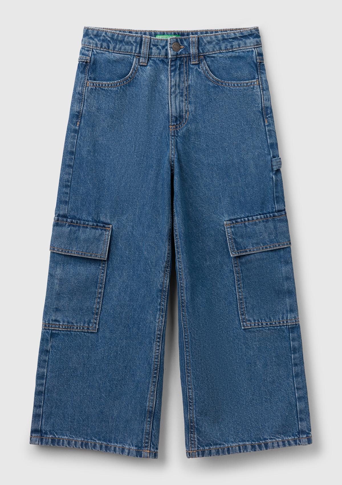  Kız Çocuk Denim Taş Yıkama Wide Fit Kargo Denim Pantolon