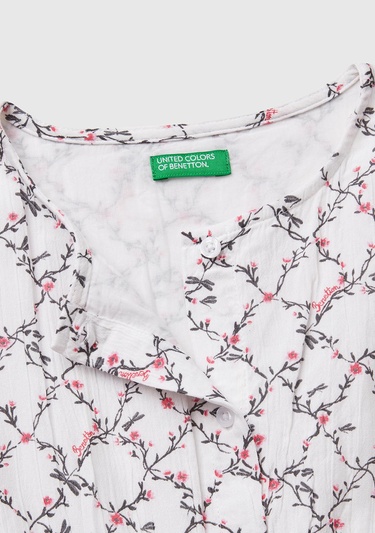  Kız Çocuk Beyaz Mix Viskozlu Desenli Önü Düğmeli Pileli Katlı Kısa Kollu Elbise