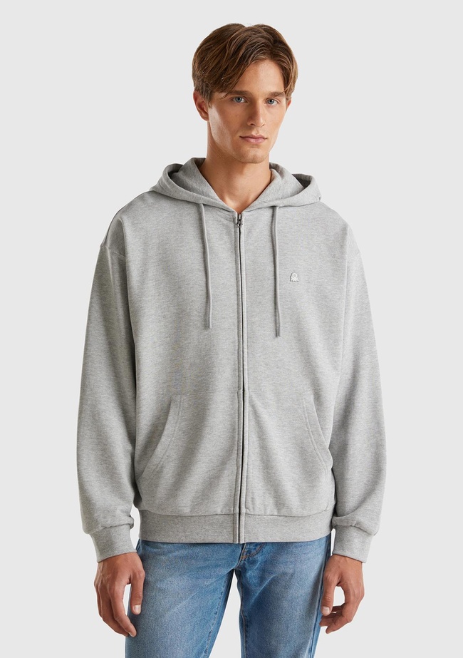  Erkek Gri Melanj %100 Pamuk Dar Kesim Fermuarlı Kapüşonlu Sweatshirt