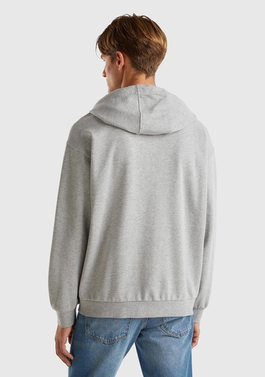  Erkek Gri Melanj %100 Pamuk Dar Kesim Fermuarlı Kapüşonlu Sweatshirt