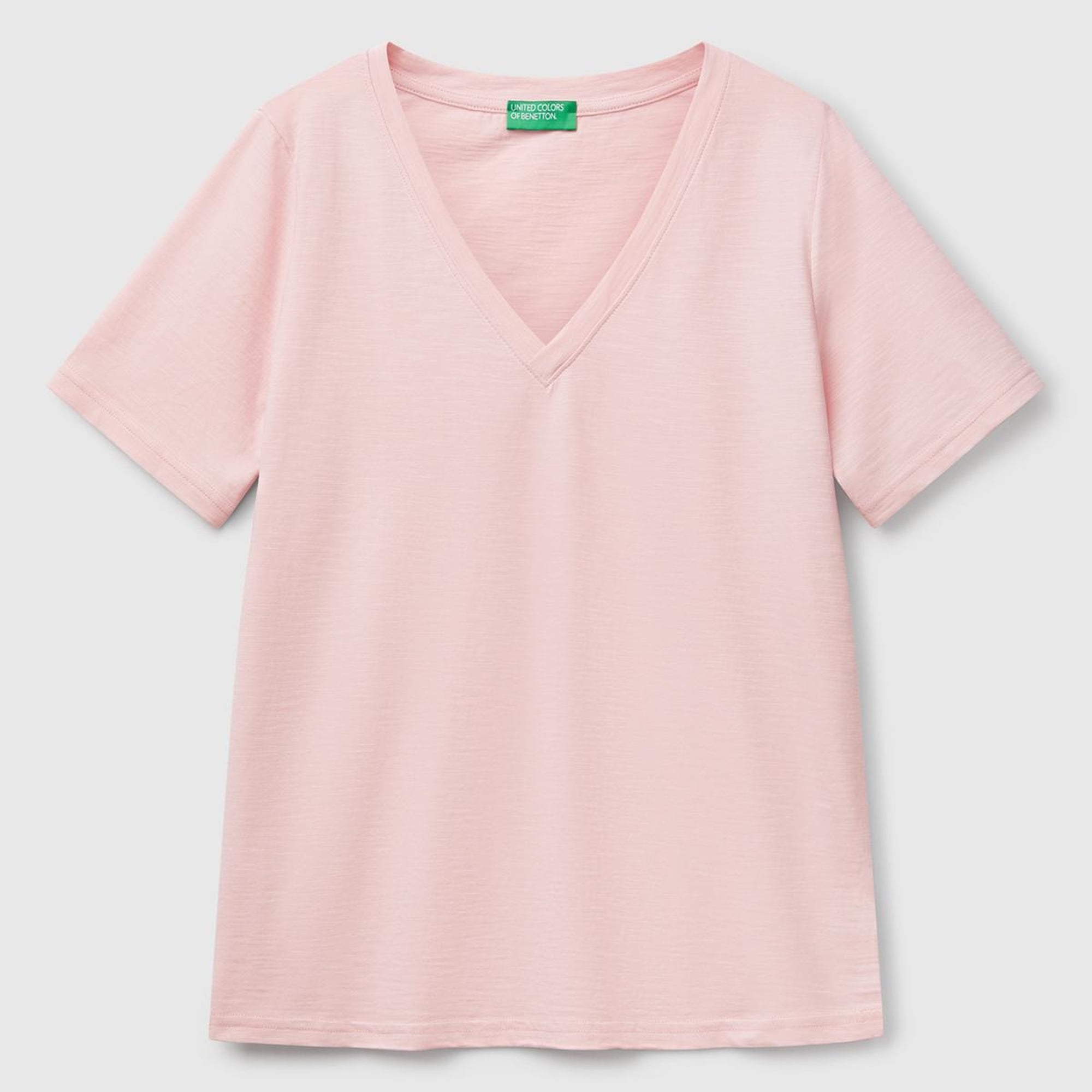 Kadın Pembe %100 Koton V Yaka Slub T-Shirt