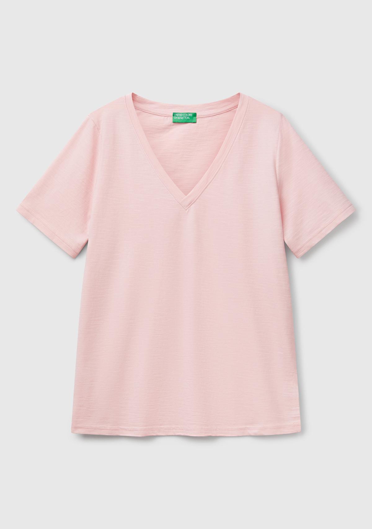  Kadın Pembe %100 Koton V Yaka Slub T-Shirt