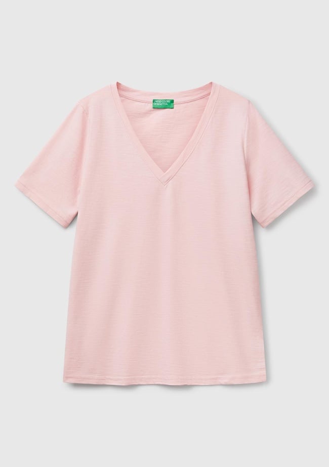  Kadın Pembe %100 Koton V Yaka Slub T-Shirt