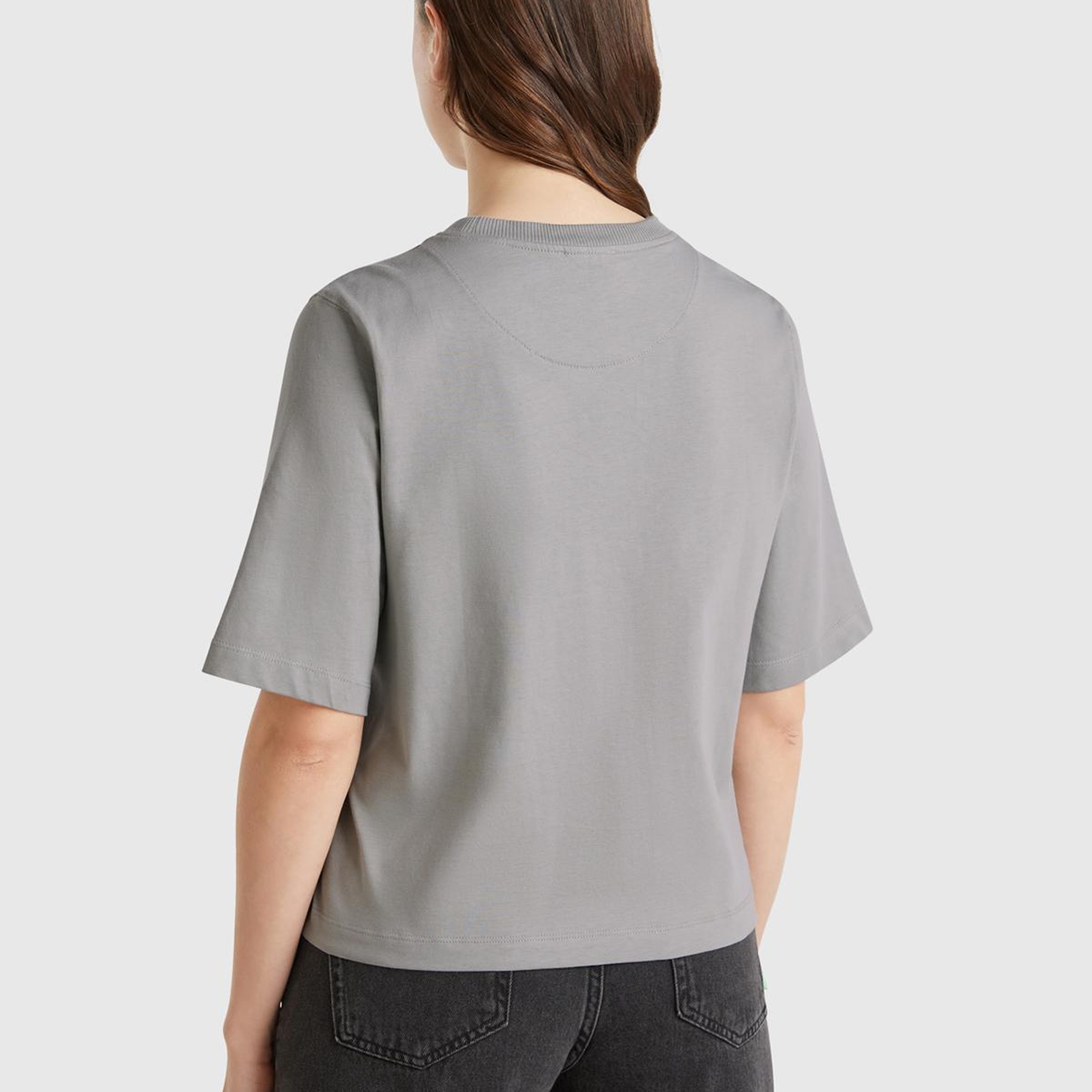 Kadın Gri %100 Koton Boxy Fit T-Shirt