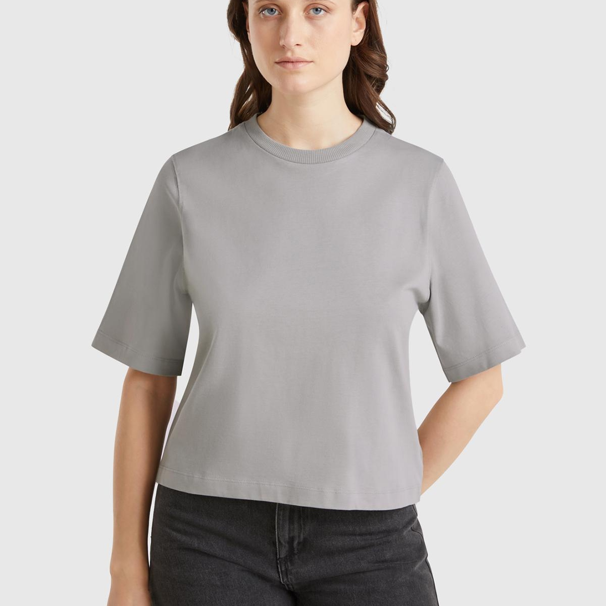 Kadın Gri %100 Koton Boxy Fit T-Shirt