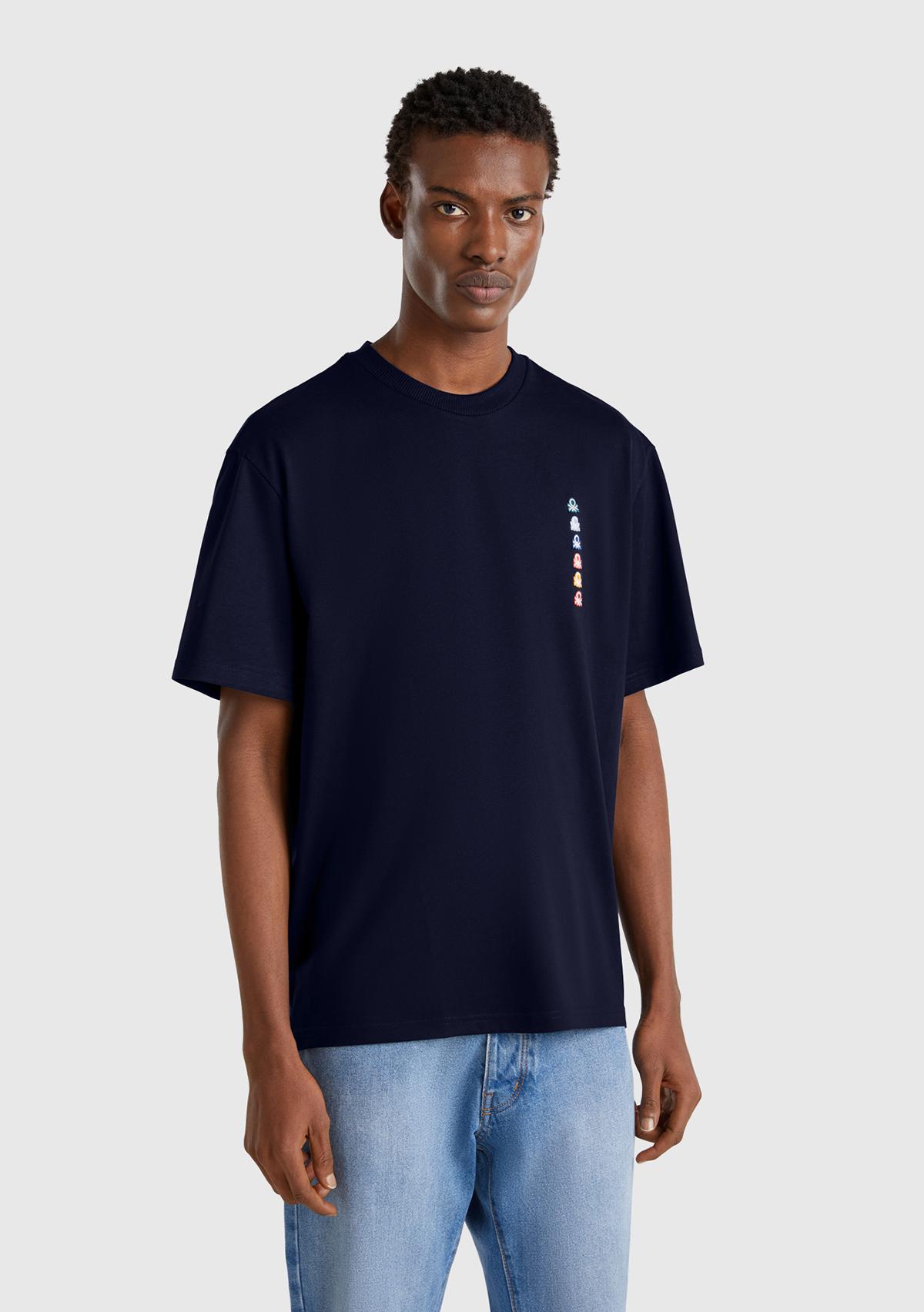  Erkek Lacivert %100 Pamuk Çok Renkli Logolu Oversize Bisiklet Yaka T-Shirt